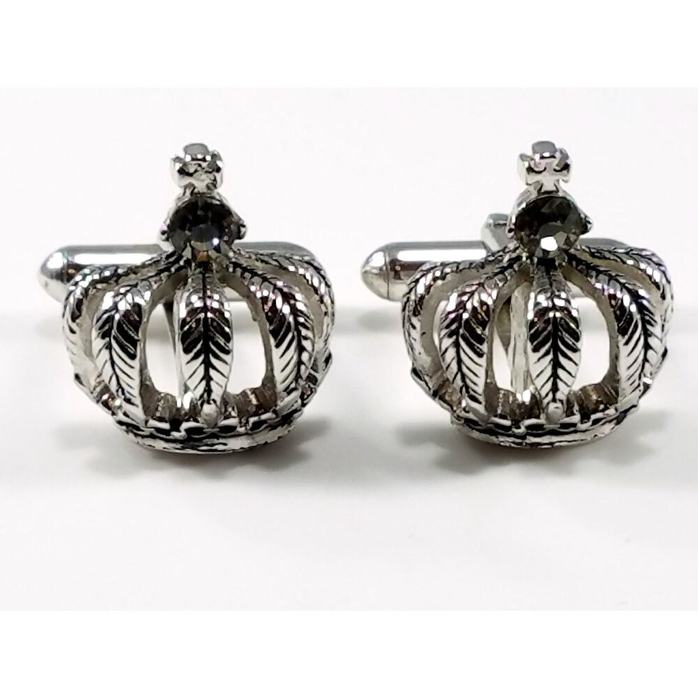 Vintage Crown Cuff Links, Silver Tone with Clear Rhinestones, Sparkling Gift